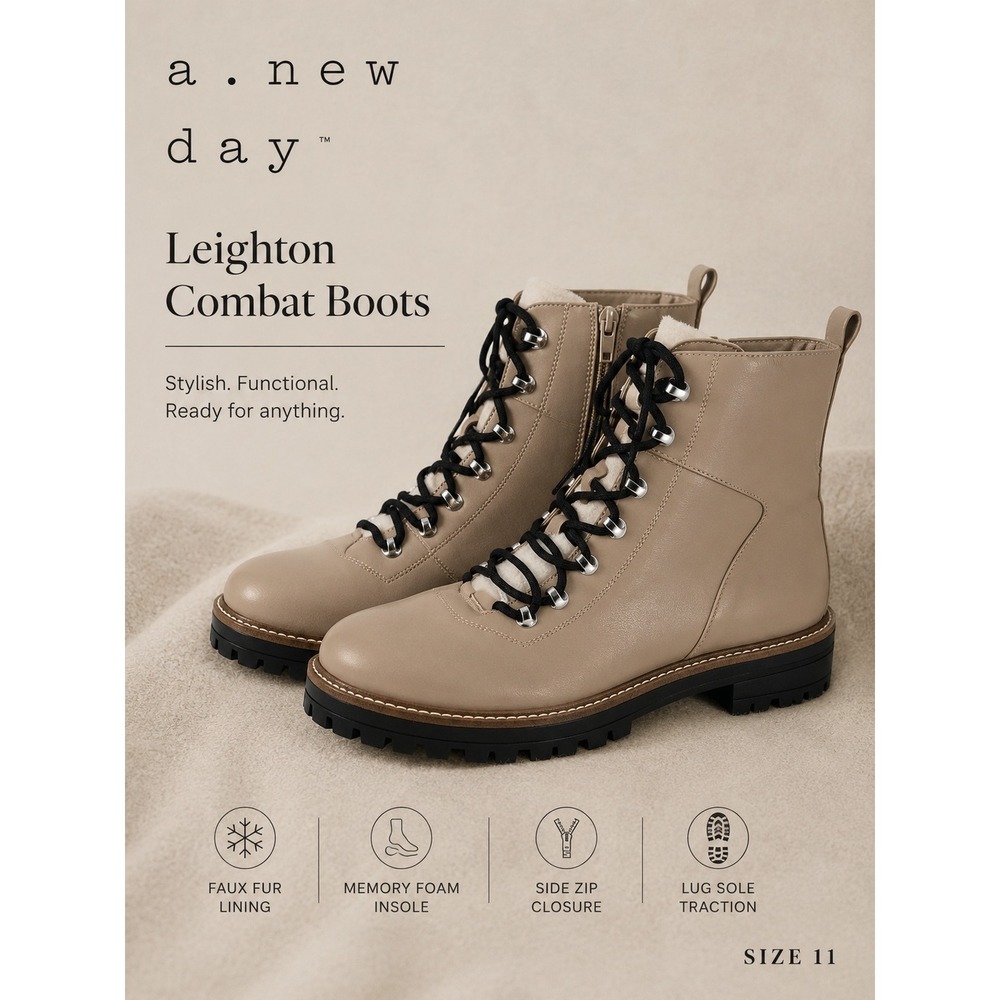 NEW A New Day Leighton Combat Boots Women 11 Taupe Faux Fur Trim Lug Sole Zipper